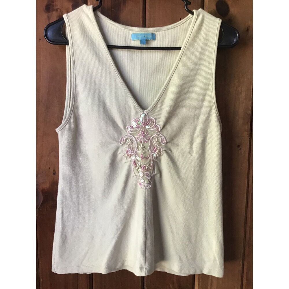 Cable & Gauge Tank Top Size L Beige Embroidered Sequins Beaded Summer